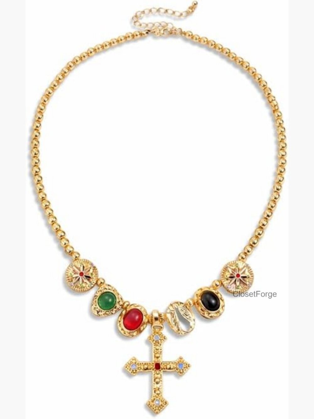 Gold Multi-Charm Cross Pendant Necklace with Beaded Chain, Faith Statement